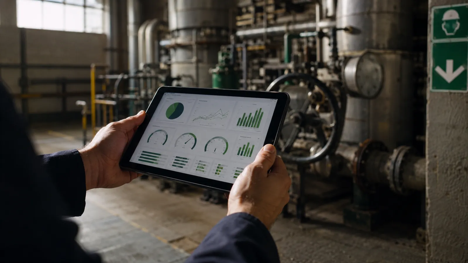 Technician reviewing plant emissions data on a tablet