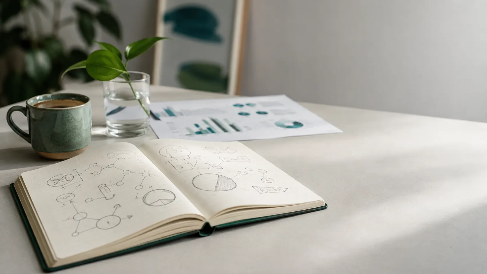 Escritorio con cuaderno de diagramas técnicos y café